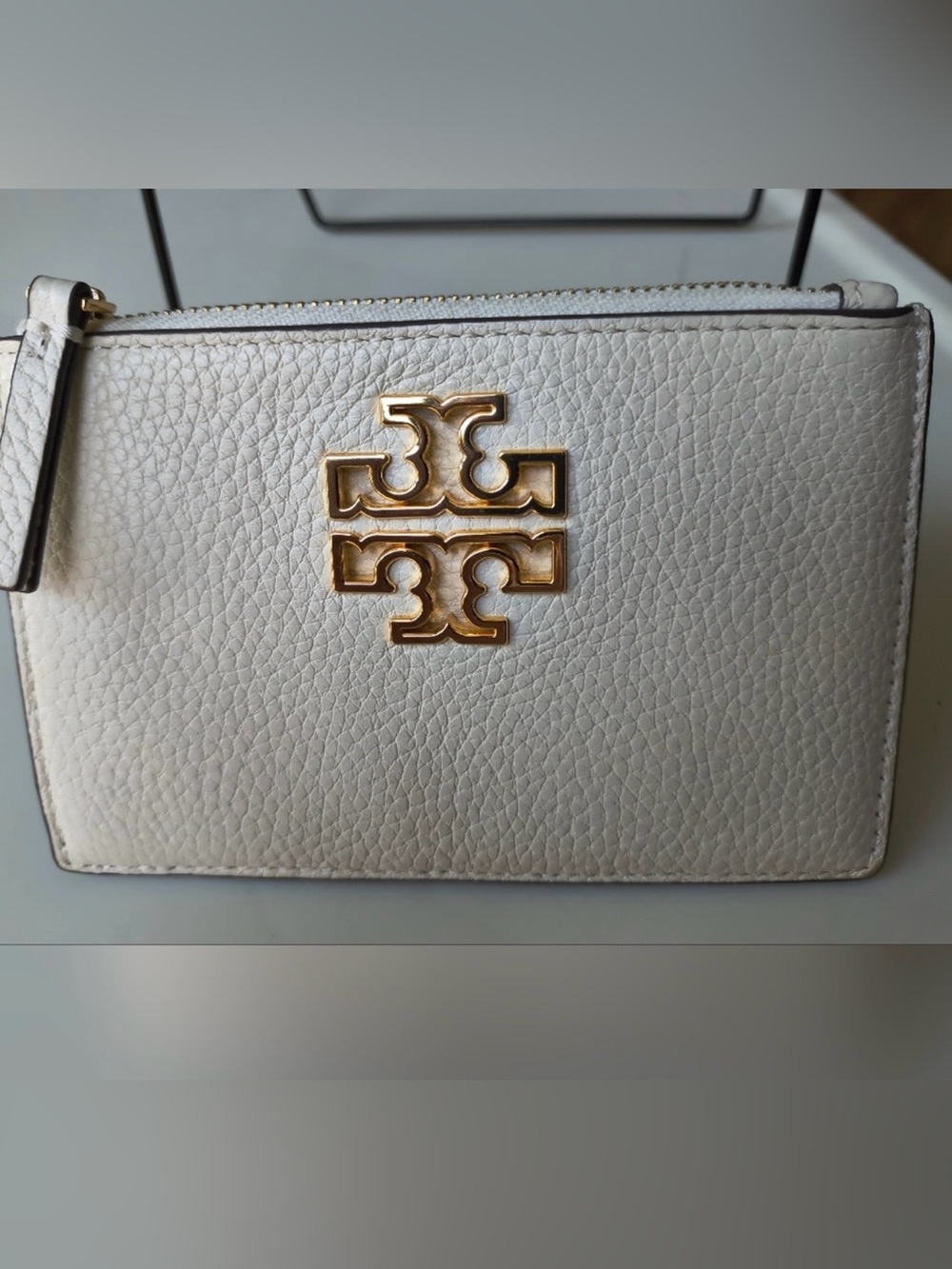 Tory Burch Cream Pebbled Leather Logo Wristlet with Gold Hardware